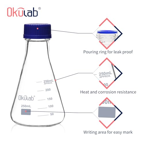 4pcs Erlenmeyer Flask Set with Blue Cap, Glass Erlenmeyer Flasks, 250ml Lab Erlenmeyer Flasks, Borosilicate 3.3 Glass Material with Printed Graduation, EFG45G250A4 - style: 4 Pcs of 250ml