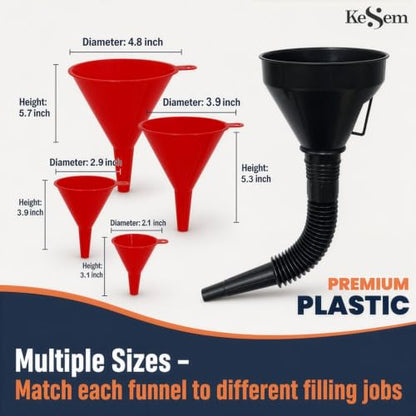 5 Pc Automotive Funnel Set, 4 Plastic Oil Funnels & Large Flexible Fuel Funnel with Hose, Car Oil Change Funnel Kit for Gas, Transmission Fluid, Coolant, Engine Oil, Fuel Transfer & Garage Use