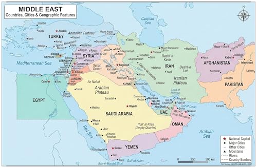 Middle East Poster 11x17 | Laminated Double-Sided Geography Chart with Color Map Front & Blank Outline Back | Reusable Classroom & Homeschool Learning Tool - color: Middle East