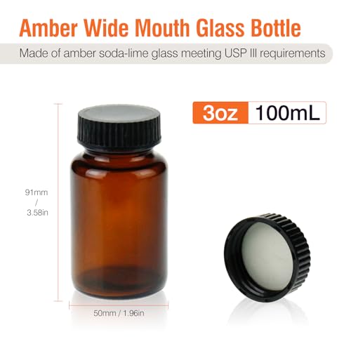 PEKYBIO 24 Pack 100ML Amber Glass Wide Mouth Packer Bottle with Cap - size: 100 mL (3.4 fl oz) Packer Bottle