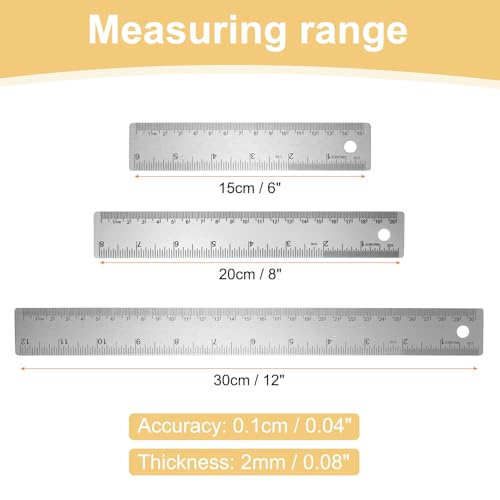 HARFINGTON 3pcs Stainless Steel Metal Ruler 15/20/30cm Straight Edge with Cork Backing Non-Slip Inch Metric Metal Ruler for Classroom Office Home Drafting Tools - size: 15/20/30cm