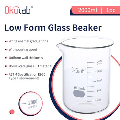 2000mL Glass Beaker, Low Form, Graduated 3.3 Borosilicate Glass Beakers for Lab, Classroom, Craft, Kitchen,BKLG2000A1 - style: Vol.2000ml