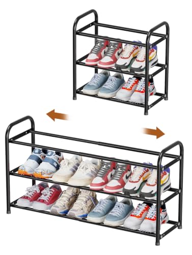 3 Tier Expandable Shoe Rack, 17"-32" Adjustable Metal Shoe Organizer Shelf for Closet, Durable Shoe Stand Holder for for 12 Pairs, Space-Saving, Easy Assembly, Black
