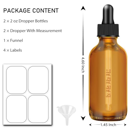 2 Pack Dropper Bottles 2 OZ, Amber Glass Bottle with Graduated Dropper - color: Amber