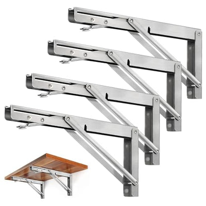 Storystore Folding Shelf Brackets - 8 Inch Heavy Duty Stainless Steel Collapsible Shelf Bracket for Bench Table, Space Saving DIY Bracket, Max Load: 550lb (4 PCS) - size: 8 Inch 4PCS