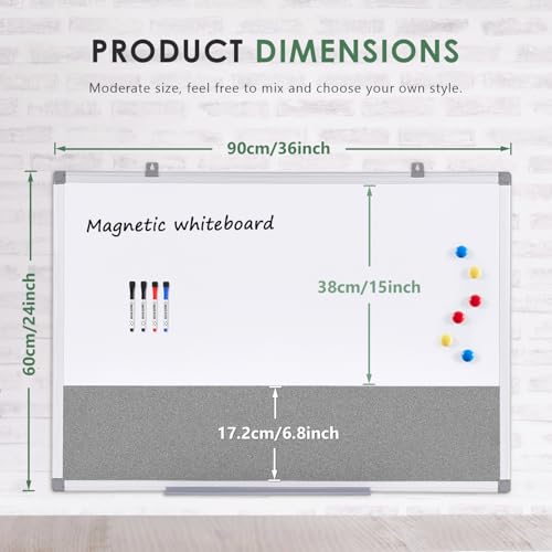 SWANCROWN White Board Bulletin Board Combo, 36 x 24 inches, Aluminum Frame - color: Grey-horizontal, size: 36"W x 24"H