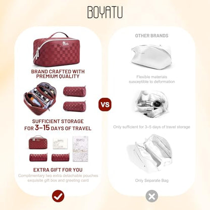 BOYATU Travel Makeup Bag Organizer: 180°Open-Flat 3 Pcs Make up Bags Set - color: 01-F-Red