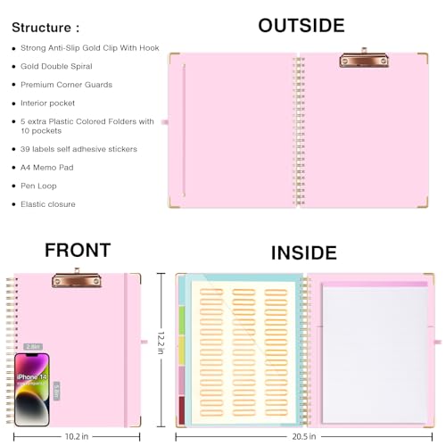 Ospelelf Clipboard with Storage 8.5 X 11，Padfolio Organizer, Spiral Portfolio Letter Size with Notepad, Pen Holder, 5 Extra Folder Divider Pages, Elastic Closure Nurse Office Essentials Baby Pink - color: Baby Pink