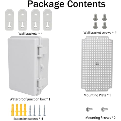 Junction Box, Hinged Grey Cover IP67 Waterproof ABS Project Box with Mounting Plate Electrical Box Enclosure with Wall Bracket 8.3 x 5.1 x 4.3inch(210x130x110mm) - color: Grey, size: 8.3"x5.1"x4.3"