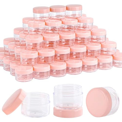 Refillable Cosmetic Sample Jars - 100 Pack 15g (0.5oz) Pink Small Travel Containers with Lids + 10 Mini Makeup Spatulas - BPA Free - color: Pink, size: 15g (100 Count)