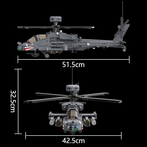 MISINI M8023 AH-64 Apache Longbow Attack Helicopter Building Blocks Set, 1383 Pieces of Military Army Armed Helicopter Building Block Kit, 1:35 Scale, Adult Collection Display Toy Gift Model Airplane