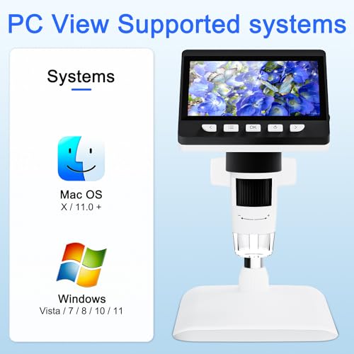 4.3" Digital Microscope for Adults, USB Coin Magnifier with 8 Adjustable Lights, 1000X Magnifying Glass, 1080P Resolution,Save Photos & Videos,Compatible with Windows/MacOS, White - color: White