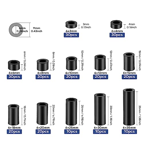 250PCS Black Nylon Round Spacer Assortment Kit ID 6MM OD 11MM, KWOKWEI Outlet Screw spacers 3mm to 35mm in Length, Plastic Spacers Without Threaded for M6 Screws - size: ID 6mm OD 11mm