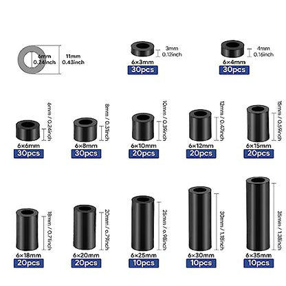 250PCS Black Nylon Round Spacer Assortment Kit ID 6MM OD 11MM, KWOKWEI Outlet Screw spacers 3mm to 35mm in Length, Plastic Spacers Without Threaded for M6 Screws - size: ID 6mm OD 11mm