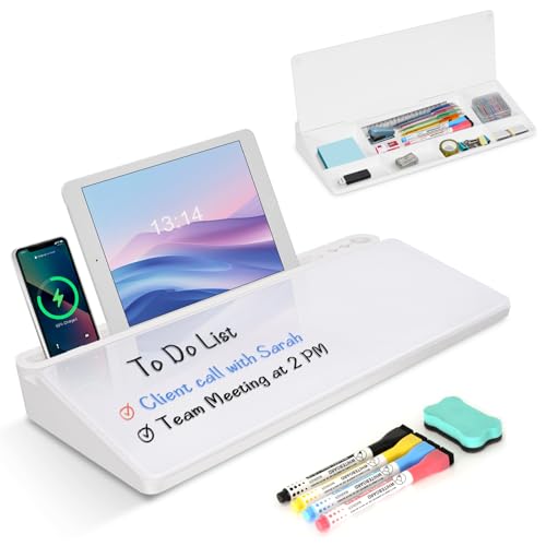 Desktop Glass Whiteboard with Storage, Desk Dry Erase White Board Stand - color: Organizer-all White