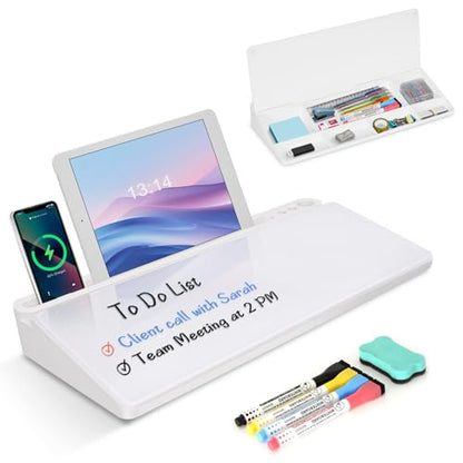 Desktop Glass Whiteboard with Storage, Desk Dry Erase White Board Stand - color: Organizer-all White