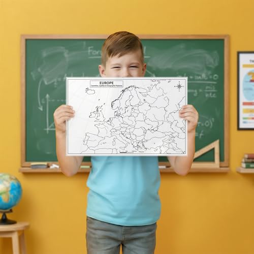Europe Map 11x17 Laminated Dry Erase Geography Chart | Double-Sided with Color Front & Blank Outline Back | Reusable Classroom & Homeschool Tool - color: Europe