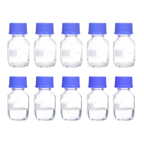 PATIKIL 10 Pack Reagent Media Storage Bottles, 50ml Borosilicate Glass Graduated Round Bottles with GL32 Blue Screw Cap for Lab Water Reagent Liquids, Clear - size: 50ml