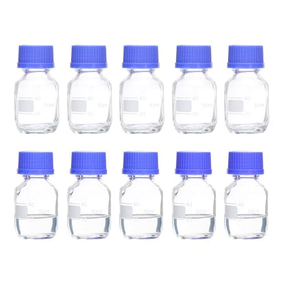 PATIKIL 10 Pack Reagent Media Storage Bottles, 50ml Borosilicate Glass Graduated Round Bottles with GL32 Blue Screw Cap for Lab Water Reagent Liquids, Clear - size: 50ml