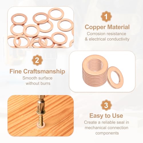 PATIKIL 35PCS M8 Copper Washers, M8x12x1mm Copper Crush Washer Metric Flat Washers Sealing Washers Assortment Kit Oil Drain Plug Gasket Ring for Automotive Battery Vehicles Screws Bolt - size: M8x12x1mm