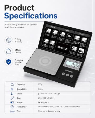 MAXUS Digital Pocket Gram Scale 500g x 0.01g High Precision with Tray - color: Black