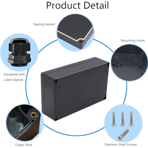 Junction Box IP65 Waterproof ABS Plastic Electrical Project Case Power Junction Boxes, Project Box with 4 PCS M16 Cable Glands 7.87x4.72x2.2 inch (200 x 120 x56 mm) - color: Black, size: 7.87"x4.72"x2.2"