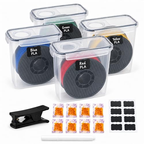 4 Pack Airtight 3D Printer Filament Storage Box with Reusable Desiccant Packs,Includes Labels,Moisture Proof Filament Dry Box with Tube Cutter for PLA PETG ABS ASA
