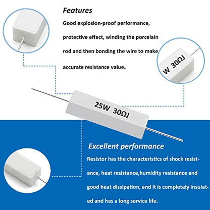 smseace 5pcs 25W 30ohm Ceramic Cement resistors ±5% Tolerance Cement resistors Used in Computer, TV Set, Apparatus - size: 25W-30 ohm