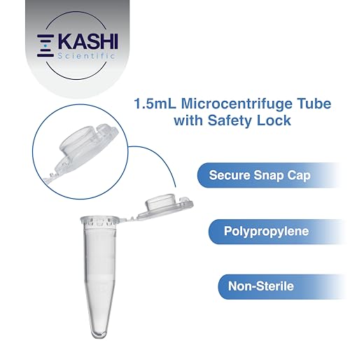 Kashi Scientific 1.5mL Clear Microcentrifuge Tube with Safety Lock Snap Cap Safety with Graduation, Lab Grade Polypropylene Plastic [1.5mL Safelock, 500] - size: 1.5mL, SafeLock