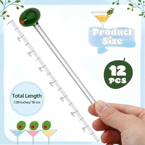 Qinyoung 12 Pcs Glass Martini Drink Stirrers 7 Inch Olive Swizzle Sticks for Cocktails Coffee Reusable Olive Beverage Stir Sticks for Birthday Party Coffee Bar Kitchen Bar Weddings - style: Martini Olive