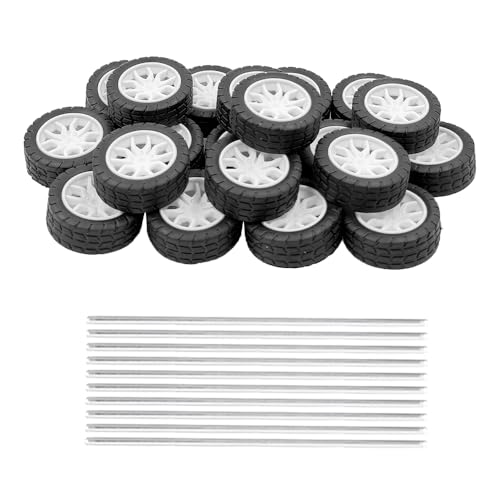 20PCS Toy Car Wheel 30mm Model Car Rubber Tire Wheels with 10PCS Shaft Round Rod Axles for DIY Model Toy RC Car Truck Robot Building Accessories (White 2x30mm) - style: White 2x30mm