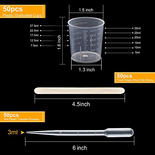 Coopay Plastic Graduated Cups Tools - 50 Pack 30ml/1oz Transparent Scale Measuring Cups, 50 Pack Wooden Stirring Sticks and 3ml Transfer Pipettes for Resin, Epoxy, Stain, Mixing Paint - size: 50pcs