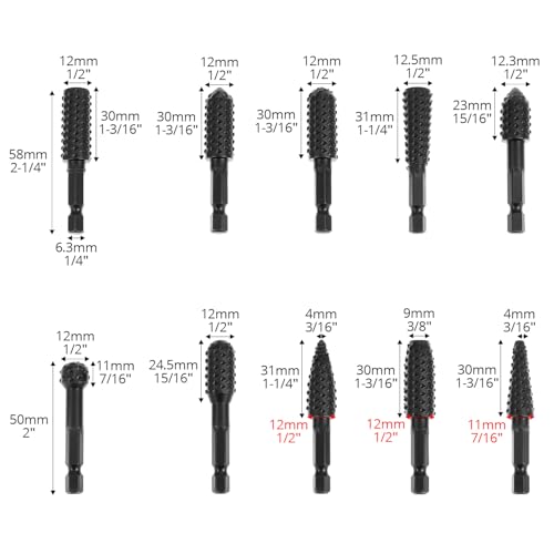 QWORK 10 Pieces Rotary Burr Wood Carving Rasp Files Set - 1/4" Hex Shank, Precision Milled, for Wood Plastic Engraving Deburring