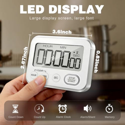 Digital Kitchen Timer Magnetic Loud Alarm, Large LCD Screen Silent/Beeping Multi-Function for Teachers Classroom Kids, Silver - color: Silvery