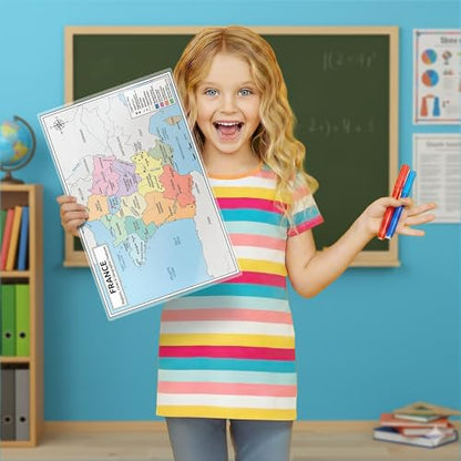 France Map Poster 11x17 | Laminated Double-Sided Geography Chart with Color Map Front & Blank Outline Back | Reusable Classroom & Homeschool Learning Tool - color: France