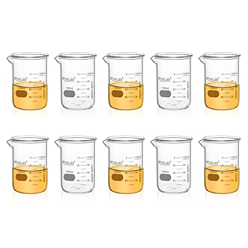 ULAB Heavy Duty Glass Beakers, 10pcs of Vol.150ml(5.07oz), Borosilicate 3.3 Glass, Thick Wall Beakers, with Double Scale, Superior Durability & Chemical Resistance, UBG1053 - style: 10pcs of Vol.150ml