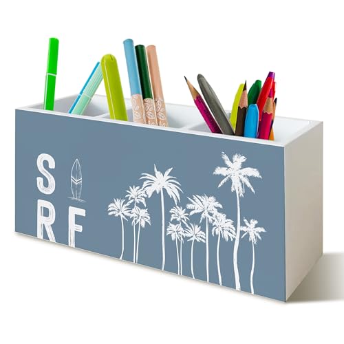 Blue Coastal Beach Surf Pen Pencil Holder for Desk, Surfing Gifts for Women Men, Retro Boho Minimalist Ocean Summer Palm Tree Wooden Signs Desk Organizer for Home Office Decor - color: Surf