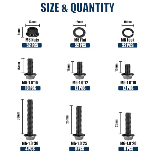 208PCS M6x1.0 Metric Flange Bolt Assortment Kit, 10.9 Black Zinc - color: Black M6 -208PCS