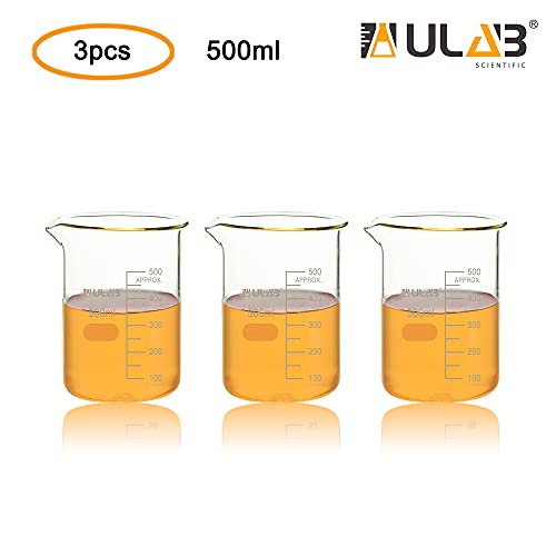 ULAB Scientific Glass Beakers, Vol. 500ml, 3.3 Borosilicate Griffin Low Form with Printed Graduation, Pack of 3, UBG1026 - style: Vol.500ml, Pack of 3