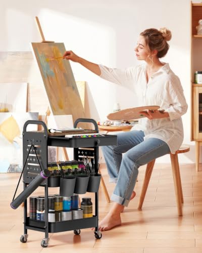 ALVOROG 3 Tier Metal Rolling Cart with Drawer,Wood Top,Pegboards,Black - color: Black