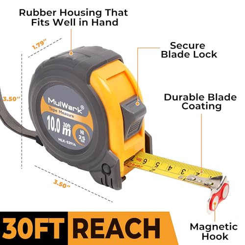 MulWark 30FT Metric Tape Measure, Easy Read Measuring Tape Retractable with Fractions 1/8, Both-Side Metal Blade, Magnetic Hook & Shockproof Case for Construction, Carpenter, Architect, Woodworking - color: Yellow-Grey, size: 30 ft
