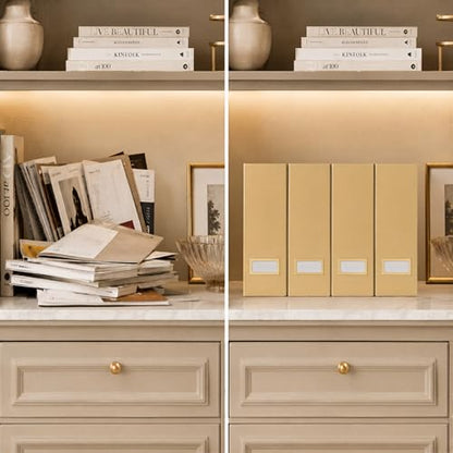 BLU MONACO | Gold Cardboard Magazine File Holder Set of 4 | Vertical Magazine File Holder for Shelves | Standing File Holder Desk Organizer - color: Gold