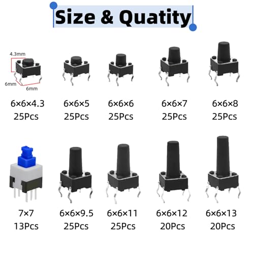 228PCS 10 Values 6x6mm & 7x7mm Tactile Push Button Switch Assortment Kit 4 Pins Micro Momentary Tact Pushbutton Switches Set - style: 228 PCS 10 Values