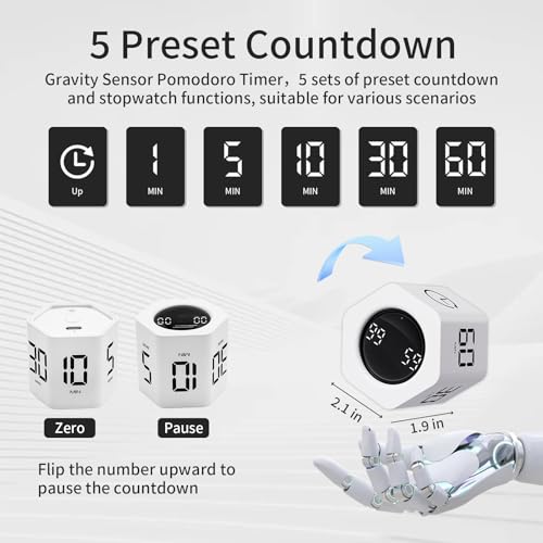 LUCKY TIME Flip Productivity Timer, 1, 5, 10, 30, 60 Min, Desk Cube Timer - color: White Hexagon
