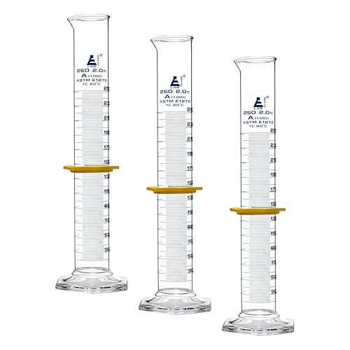 Graduated Cylinder, 250mL - ASTM, Class A Tolerance ±1.00mL - Protective Collar, Hexagonal Base - Blue Graduations - Borosilicate 3.3 Glass - Eisco Labs (Pack of 3) - size: 250mL (Pack of 3)