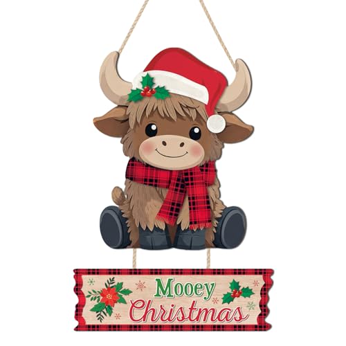 HLNIUC Mooey Christmas Wall Sign Cute Xmas Highland Cow Door Sign for Home - color: Christmas 2