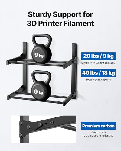VEVOR Wall Mount Printer Filament Storage Rack, 2-Tier Wall Bracket Storage Shelf, Rolling Filament Spool Holders Racks with Wheels, Filaments Organzied for 3D Printing Studio, Workshop (Shelf Only) - size: 2-Tier