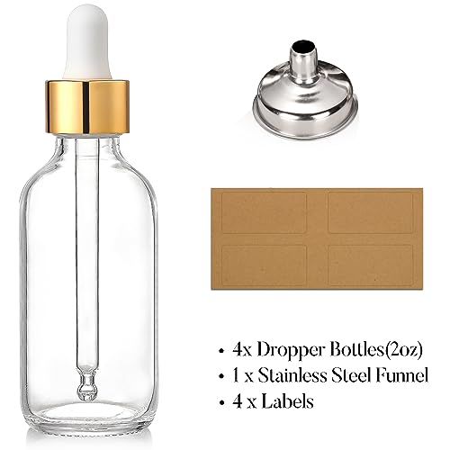 AOZITA Set of 4, 2 oz Golden Cap Clear Dropper Bottles (60ml) with 1 Funnel & 4 Labels - Glass Tincture Bottles for Essential Oils with Eye Droppers - Leak Proof Travel Bottles for Liquids - color: Clear with Eye Droppers