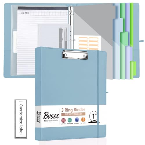 3 Ring Binder with Clipboard,2 Inch Binders with Notepad&5 Dividers with Pockets, Pen Holder, Leather Clipboards for School Office(Blue, Letter Size) - color: Blue, size: 1 Inch