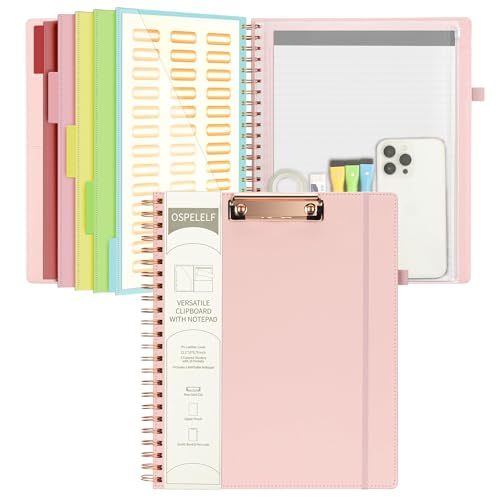 Ospelelf Leather Clipboard Folio with Notepad for Letter Size, Spiral Clipboard Folder with Storage Zipper Pouch, 5 Folders with 10 Pockets, 39 Divider Label Stickers, Pen Loop Series (Pink) - color: Pink